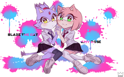 Size: 3500x2200 | Tagged: safe, artist:nacchan96, amy rose, blaze the cat, cat, hedgehog, 2018, amy x blaze, cute, female, females only, holding hands, lesbian, looking at viewer, schoolgirl outfit, shipping