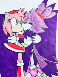 Size: 1024x1366 | Tagged: safe, artist:gremlintheunicorn, amy rose, blaze the cat, cat, hedgehog, 2018, amy x blaze, amy's halterneck dress, blaze's tailcoat, cute, eyes closed, female, females only, hand on arm, hands on back, kiss, lesbian, shipping, traditional media