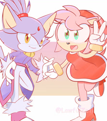 Size: 1280x1451 | Tagged: safe, artist:lawfulzeti, amy rose, blaze the cat, cat, hedgehog, 2020, amy x blaze, amy's halterneck dress, blaze's tailcoat, cute, female, females only, holding hands, lesbian, looking at viewer, peace sign, shipping