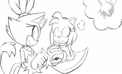 Size: 2048x1243 | Tagged: safe, artist:coldspace, amy rose, blaze the cat, cat, hedgehog, 2023, amy x blaze, amy's halterneck dress, blaze's tailcoat, blushing, cute, female, females only, holding hands, lesbian, shipping, sketch