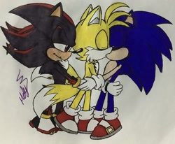 Size: 2048x1689 | Tagged: safe, artist:mxlyzone, miles "tails" prower, shadow the hedgehog, sonic the hedgehog, gay, holding hands, holding them, kiss, polyamory, shadow x sonic, shadow x tails, shipping, signature, smile, sonadails, sonic x tails, standing, traditional media, trio