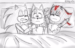 Size: 2048x1311 | Tagged: safe, artist:honeyitsjabg, miles "tails" prower, shadow the hedgehog, sonic the hedgehog, bed, blushing, drooling, gay, indoors, lying down, polyamory, shadow x sonic, shadow x tails, shipping, signature, sleeping, sonadails, sonic x tails, trio, w.i.p