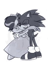 Size: 1122x1452 | Tagged: safe, artist:cybertoothcubs, sally acorn, sonic the hedgehog, greyscale, monochrome, sally x sonic, shipping, straight