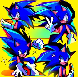 Size: 2048x2031 | Tagged: safe, artist:kuroiyuki96, sonic the hedgehog, bandaid, chili dog, holding something, ring, simple background, smile, solo, sparkles, v sign, wink, yellow background