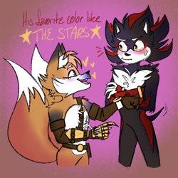 Size: 1024x1024 | Tagged: safe, artist:iam-allofme, miles "tails" prower, shadow the hedgehog, abstract background, arms folded, blushing, dialogue, duo, english text, gay, heart, looking at each other, prosthetic, shadow x tails, shipping, singing, song lyrics, sonic boom (tv), standing, surprised, sweatdrop, yellow hearts (song)