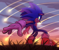 Size: 750x637 | Tagged: safe, artist:dansaiyan, sonic the hedgehog, 2023, abstract background, clouds, grass, looking at viewer, meteor shower, outdoors, smile, solo, standing, top surgery scars, trans male, transgender