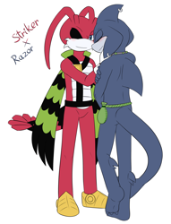 Size: 1300x1700 | Tagged: safe, artist:fire-for-battle, razor the shark, 2019, blushing, captain striker, duo, eyes closed, gay, holding them, shipping, simple background, standing, strikor, white background