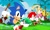 Size: 2048x1229 | Tagged: safe, artist:eddysmash2407, amy rose, knuckles the echidna, miles "tails" prower, sonic the hedgehog, sonic superstars, 2023, abstract background, chaos emerald, classic amy, classic knuckles, classic sonic, classic sonic (universe), classic tails, clouds, flying, frown, group, holding something, lineless, looking ahead, looking at viewer, no outlines, palm tree, piko piko hammer, redraw, running, smile, spinning tails, sunflower