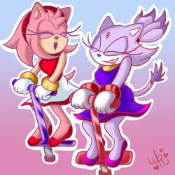 Size: 1280x1280 | Tagged: safe, artist:wattsonrose, amy rose, blaze the cat, cat, hedgehog, 2021, amy x blaze, cute, eyes closed, female, females only, lesbian, pogo stick, shipping