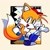 Size: 1024x1024 | Tagged: safe, artist:mrsspindash, miles "tails" prower, fox, abstract background, blue shoes, classic tails, looking at viewer, male, mouth open, smile, solo, standing on one leg
