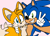Size: 650x470 | Tagged: safe, artist:devotedsidekick, artist:sp-rings, miles "tails" prower, sonic the hedgehog, arm around shoulders, duo, gay, holding something, looking at camera, looking at viewer, pink background, selfie, shipping, simple background, smile, sonic x tails, standing, v sign