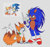 Size: 1724x1625 | Tagged: safe, artist:zzcarnotauro, miles "tails" prower, sonic the hedgehog, 2023, alternate universe, bandaid, bandaid over nose, claws, crouching, dark skin, duo, grey background, holding something, paws, redraw, reference inset, simple background, smile, standing, telephone