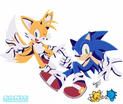 Size: 2100x1791 | Tagged: safe, artist:uhhky0, miles "tails" prower, sonic the hedgehog, duo, looking at viewer, simple background, smile, white background, wink