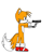 Size: 1378x1378 | Tagged: safe, artist:thesimposter, miles "tails" prower, fox, 2020, frown, gun, holding something, looking offscreen, male, simple background, solo, standing, too cute to be taken seriously, weapon, white background