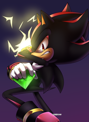 Size: 1011x1380 | Tagged: safe, artist:risziarts, shadow the hedgehog, 2021, chaos emerald, clenched teeth, electricity, frown, holding something, looking at viewer, purple background, signature, simple background, solo