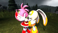 Size: 1280x720 | Tagged: dead source, safe, artist:dan-player, amy rose, cream the rabbit, 2020, 3d, abstract background, amream, duo, eyes closed, forest, kiss, lesbian, lidded eyes, looking at them, outdoors, shipping, standing