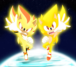 Size: 2048x1805 | Tagged: safe, artist:humancartoonart, shadow the hedgehog, sonic the hedgehog, super shadow, super sonic, super form