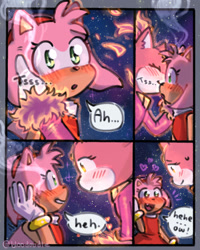 Size: 1200x1500 | Tagged: safe, artist:bl00doodle, amy rose, blaze the cat, burning blaze, cat, hedgehog, 2021, amy x blaze, amy's halterneck dress, blaze's tailcoat, comic, cute, english text, female, females only, hand on cheek, kiss on cheek, lesbian, shipping, super form