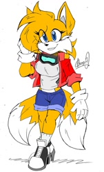 Size: 694x1149 | Tagged: safe, artist:emperor zheng, miles "tails" prower, oc, breasts, eye clipping through hair, flat colors, gender swap, goggles, goggles around neck, heels, jacket, older, shorts, signature, simple background, sketch, solo, white background