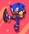 Size: 960x1106 | Tagged: safe, artist:skeletonpendeja, sonic the hedgehog, abstract background, classic sonic, dark skin, eyelashes, leg up, looking at viewer, male, shadow (lighting), solo, star (symbol), thumbs up, wink, yellow gloves