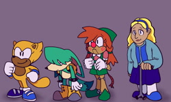 Size: 1600x960 | Tagged: safe, artist:skeletonpendeja, belle the tinkerer, kit the fennec, maria robotnik, ray the flying squirrel, human, disabled, eyelashes, frown, group, hair over eyes, looking ahead, purple background, simple background, smile, standing, walking cane