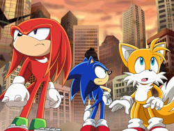 Size: 1000x750 | Tagged: safe, artist:y-firestar, knuckles the echidna, miles "tails" prower, sonic the hedgehog, sonic the hedgehog (2006), abstract background, crisis city, fake screenshot, frown, looking up, mouth open, sonic x style, team sonic, trio