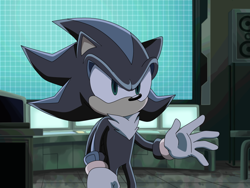 Size: 1000x750 | Tagged: safe, artist:y-firestar, mephiles the dark, sonic the hedgehog (2006), abstract background, computer, fake screenshot, indoors, solo, sonic x style, standing