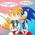 Size: 1500x1500 | Tagged: safe, artist:andtails1, miles "tails" prower, sonic the hedgehog, 2023, binder, blushing, commission, dialogue, duo, english text, gradient background, jacket, signature, smile, sonic x style, speech bubble, standing, trans boy tails, trans male, transgender, wholesome