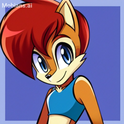 Size: 2048x2048 | Tagged: safe, ai art, artist:mobians.ai, sally acorn, binder, blue background, border, chest fluff, looking offscreen, male, prompter:taeko, simple background, smile, solo, standing, trans male, transgender