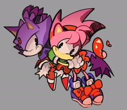 Size: 2048x1761 | Tagged: safe, artist:legochet, amy rose, blaze the cat, sonic cd, 2023, amy x blaze, classic amy, duo, frown, grey background, hands together, heart, lesbian, redraw, shipping, simple background, smile