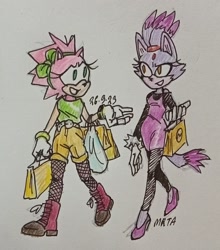 Size: 1080x1226 | Tagged: safe, artist:pepe-r-mint, amy rose, blaze the cat, cat, hedgehog, 2023, amy x blaze, cute, female, females only, lesbian, looking at viewer, shipping, shopping bag, traditional media