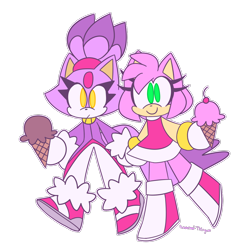 Size: 1000x1000 | Tagged: safe, artist:deadblog, amy rose, blaze the cat, cat, hedgehog, 2016, amy x blaze, amy's halterneck dress, blaze's tailcoat, chibi, cute, female, females only, holding hands, ice cream, lesbian, shipping