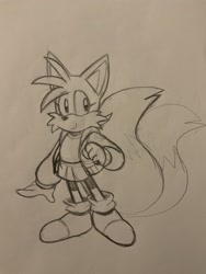 Size: 1536x2048 | Tagged: safe, artist:kobatuwu, miles "tails" prower, aviator jacket, eyelashes, skirt, smile, solo, standing, traditional media, trans female, transgender