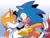 Size: 1600x1200 | Tagged: safe, artist:muggsy_shipper, miles "tails" prower, sonic the hedgehog, 2023, blushing, carrying them, duo, eye clipping through hair, frown, gay, gradient background, holding something, looking at each other, miles electric, shipping, signature, smile, sonic x tails, sweatdrop