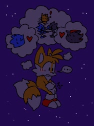 Size: 768x1024 | Tagged: dead source, safe, artist:tailsmybuddy67, miles "tails" prower, shadow the hedgehog, sonic the hedgehog, ..., 2023, blue background, blushing, cute, dark, exclamation mark, fight, gay, heart, jealously, love triangle, shadow x tails, shadowbetes, shipping, signature, simple background, sitting, solo, sonabetes, sonic x tails, tailabetes, thinking, thought bubble