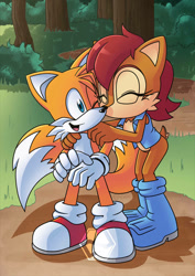 Size: 637x900 | Tagged: safe, artist:darknoiseuk, miles "tails" prower, sally acorn, cute, duo, funny kiss, not shipping, platonic, sally's vest and boots