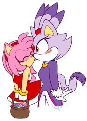 Size: 2261x3143 | Tagged: safe, artist:bitsandbees, amy rose, blaze the cat, cat, hedgehog, 2018, amy x blaze, amy's halterneck dress, basket, blaze's tailcoat, blushing, cute, eyes closed, female, females only, kiss on cheek, lesbian, shipping