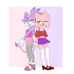 Size: 1024x1024 | Tagged: safe, artist:nursemeww, amy rose, blaze the cat, cat, hedgehog, 2020, amy x blaze, cute, female, females only, hearts, holding hands, lesbian, looking at viewer, shipping