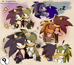 Size: 2048x1795 | Tagged: safe, artist:eighttalestale, jet the hawk, sonic the hedgehog, ..., abstract background, blushing, cheek fluff, duo, exclamation mark, eyes closed, gay, heart, holding hands, hugging, jet x sonic, looking at each other, looking away, looking offscreen, medal, nuzzle, question mark, shipping, smile, sparkles, sweatdrop, zzz