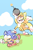 Size: 400x600 | Tagged: safe, artist:glaciacherry, miles "tails" prower, sonic the hedgehog, 2023, abstract background, bomb, clouds, daytime, duo, ear fluff, eye twitch, holding something, outdoors, running, standing, sweatdrop, tails adventure, this won't end well, weapon