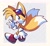 Size: 2048x1884 | Tagged: safe, artist:killukaela, miles "tails" prower, fox, 2023, abstract background, blue background, blushing, border, cute, goggles, goggles on head, looking back, male, mouth open, open smile, smile, solo, tailabetes, v sign, watermark