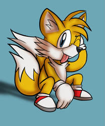 Size: 813x977 | Tagged: safe, artist:ardyartblog, miles "tails" prower, blue background, crouching, ear fluff, looking at viewer, simple background, smile, solo, tongue out, wink