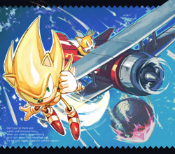 Size: 2048x1799 | Tagged: safe, artist:kornart3, miles "tails" prower, sonic the hedgehog, super sonic, sonic the hedgehog 2, abstract background, death egg, duo, english text, flying, looking at viewer, outdoors, smile, sparkles, super form, tornado i