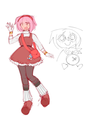 Size: 1476x2085 | Tagged: safe, artist:bombchan, amy rose, human, bag, humanized, keychain, looking offscreen, mouth open, simple background, smile, solo, waving, white background