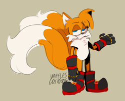 Size: 1790x1456 | Tagged: safe, artist:criscthulhuxd, miles "tails" prower, alternate universe, beige background, black gloves, black shoes, dark bags under eyes, evil, evil tails, eyebrow clipping through hair, frown, lidded eyes, signature, simple background, solo, standing
