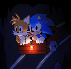 Size: 1749x1710 | Tagged: safe, artist:suzienightsky, miles "tails" prower, sonic the hedgehog, abstract background, classic sonic, classic tails, dark, duo, frown, lamp, minecart, redraw, sonic the hedgehog 2 (8bit), title card