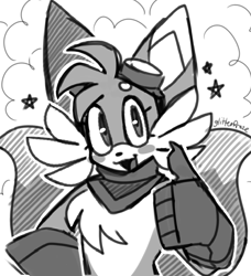 Size: 974x1067 | Tagged: safe, artist:creature-machine, miles "tails" prower, abstract background, beanbrows, blushing, claws, cute, eyelashes, goggles, goggles on head, greyscale, looking at viewer, mouth open, older, outline, signature, smile, solo, star (symbol), tailabetes, thumbs up
