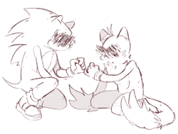 Size: 1280x970 | Tagged: safe, artist:eggskie, miles "tails" prower, sonic the hedgehog, fanfic:slipping away, angst, crouching, duo, fanfiction art, kneeling, line art, looking at each other, pinkie swear, shadowed face, simple background, white background