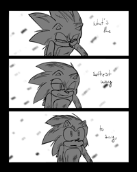 Size: 1080x1350 | Tagged: safe, artist:short-boii, sonic the hedgehog, angst, comic, dialogue, english text, eyes closed, greyscale, looking up, mouth open, one eye closed, panels, scratch (injury), shocked, solo