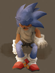 Size: 1233x1640 | Tagged: safe, artist:fakerp0p, sonic the hedgehog, angst, brown background, clenched teeth, clothes, crying, eyes closed, lineless, sad, shirt, shorts, simple background, sitting, solo, tears, tears of sadness